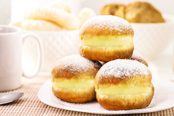 sweet bread with sugar cream and egg, called Brazilian fried donut called bakery 