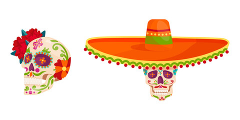 Painted colorful skulls for the Cinco de Mayo festival, wearing a sombrero and red roses. Vector graphics.