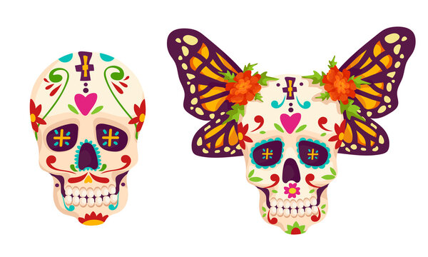 Painted colorful skulls for the Cinco de Mayo festival, May 5, with admiral butterfly wings and marigold flowers. Vector graphics.