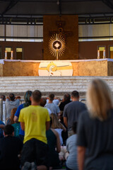 Adoration of Jesus Christ present in the Blessed Sacrament after the evening Holy Mass in Medjugorje, Bosnia and Herzegovina. 2021-07-31.