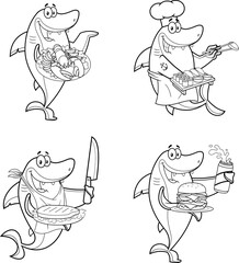 Outlined Shark Chef Cartoon Mascot Character Different Poses. Vector Hand Drawn Collection Set Isolated On White Background