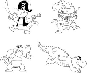 Obraz na płótnie Canvas Outlined Alligator Or Crocodile Cartoon Character Different Poses. Vector Hand Drawn Collection Set Isolated On White Background