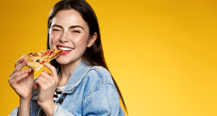 Pizza and delivery concept. Happy woman posing with pizza slice, eating at restaurant, order food...