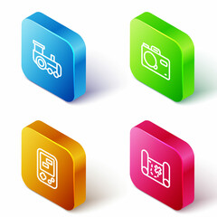 Set Isometric line Toy train, Photo camera, Tetris electronic game and Pirate treasure map icon. Vector