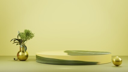 3d background products display podium scene with geometric platform. yellow background 3d rendering with green podium. stand to show cosmetic products