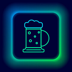 Glowing neon line Wooden beer mug icon isolated on black background. Colorful outline concept. Vector