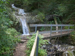 Bridge in bad condition near a small waterfall in nature