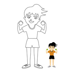 Cute girl with dumbbells, cheerful baby with a smile linear vector illustration. Coloring book for children.