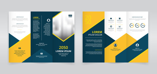 Dark blue and yellow colored trifold brochure template, trifold flyer layout, pamphlet, leaflet	 - obrazy, fototapety, plakaty