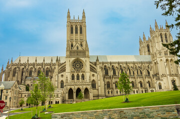 front view  of Washington National Cathedral, the sixth largest Gothic cathedral in the world.