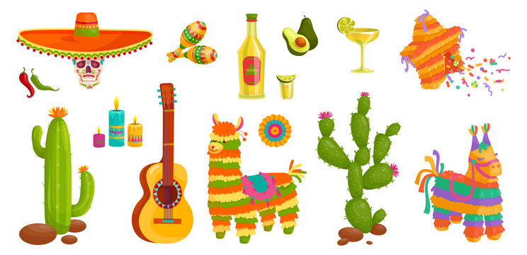 Collection of festival paraphernalia for the Cinco de Mayo holiday. Cartoon vector graphics.