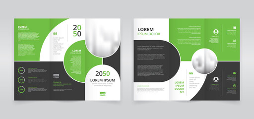 Modern trifold brochure template with green and black rectangles and circles, trifold flyer layout, pamphlet, leaflet	