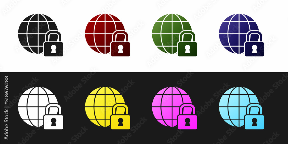 Wall mural Set Global lockdown - locked globe icon isolated on black and white background. Vector