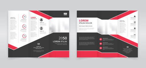Red and black colored corporate trifold brochure template, trifold flyer layout, pamphlet, leaflet	