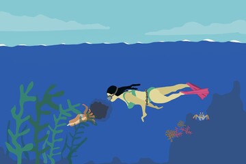 Frau mit Taucherbrille taucht im Meer mit Flossen und Bikini im Sommer, Tintenfisch flieht und stößt Tinte aus, blaues Meer, Tauchsport Illustration