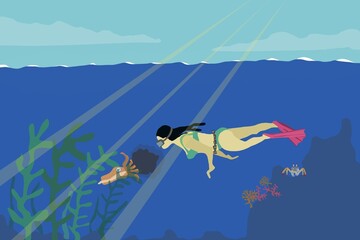 Frau mit Taucherbrille taucht im Meer mit Flossen und Bikini im Sommer mit Sonnenstrahlen, Tintenfisch flieht und stößt Tinte aus, blaues Meer, Tauchsport Illustration