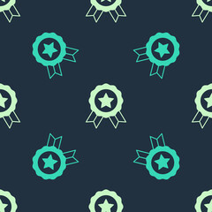 Green and beige Medal icon isolated seamless pattern on blue background. Winner symbol. Vector