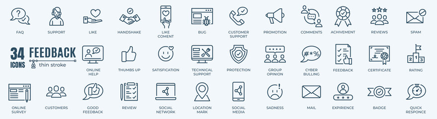 Feedback and survey elements stroke pictogram and minimal thin line web icon set. Outline icons collection. Simple illustration - obrazy, fototapety, plakaty