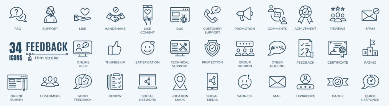 Feedback and survey elements stroke pictogram and minimal thin line web icon set. Outline icons collection. Simple illustration