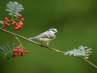 Cute Eurasian blue tit perched on a rowan tree branch isolated on a green background