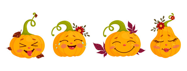 Set of autumn pumpkins, cute characters for Halloween. Cartoon vector graphics.