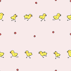 Hand drawn cute chick characters - seamless pattern with birds on light pink background