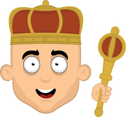 Vector illustration of the face of a cartoon king with a happy expression, a crown and scepter in his hand