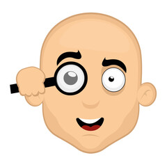Obraz premium Vector illustration of the face of a cartoon bald man observing with a magnifying glass