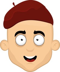 Vector illustration of the face of a cartoon man with a happy expression and with a red beret on his head

