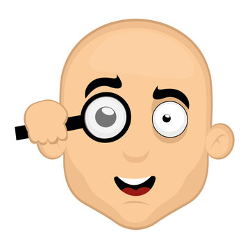 Vector illustration of the face of a cartoon bald man observing with a magnifying glass

