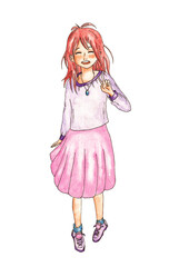 Hand drawn happy girl smile and show with fingers victory sign, isolated on white background