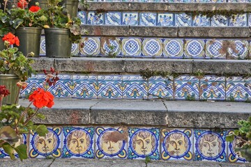 Close-up of the world-famous Scalinata di Santa Maria del Monte stairs in Caltagirone, Sicily, Italy