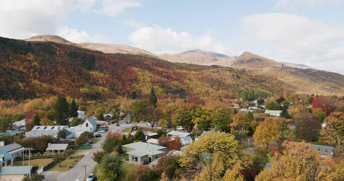 Aerial view of autumn in the rural town of Arrowtown, near Queenstown, New Zealand
