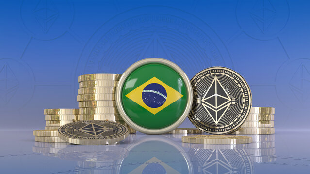 3d rendering of some Ethereum coins surrounding a badge with the Brazilian flag