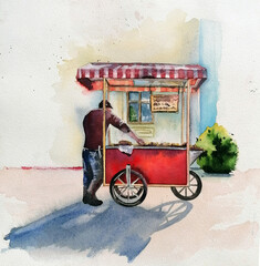 A watercolor sketch or illustration. Sale of a traditional Turkish bagel called Simit. Turkish street food.