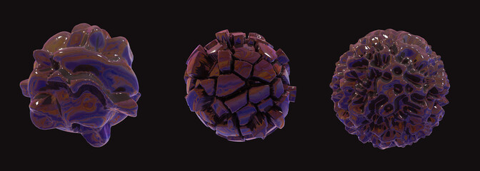 Purple iridescent shapes. Set of alien objects. Glossy oil slick elements. Futuristic background.