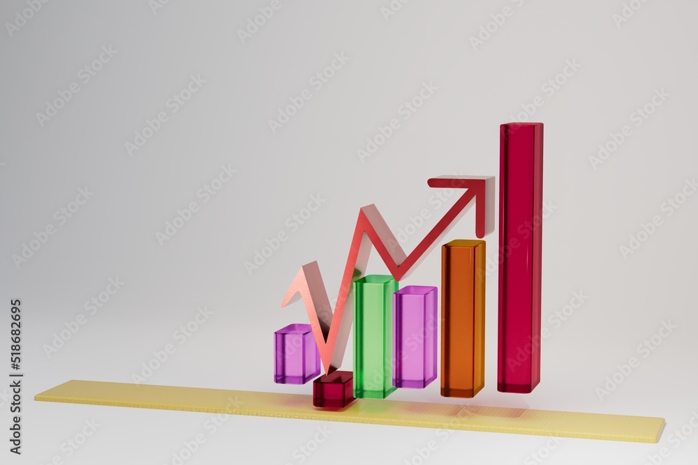 Poster growth chart. a graph in the form of a red arrow located above a multi-colored chart on a white back