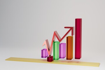 growth chart. a graph in the form of a red arrow located above a multi-colored chart on a white background. graphical display of progress. performance, sales. 3d illustration. 3d render