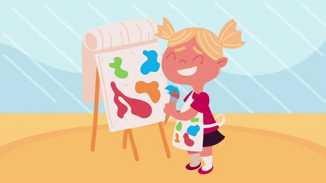little student girl with paintbrush animation