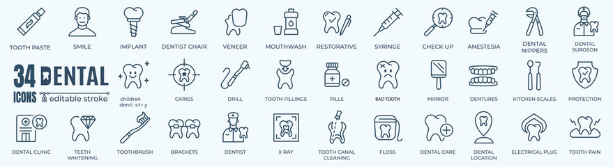 Dental elements editable stroke pictogram and minimal thin line web icon set. Outline icons collection. Simple vector illustration - obrazy, fototapety, plakaty