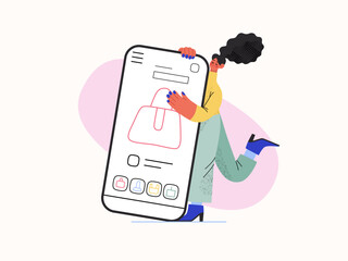 Shopping application - Online shopping and electronic commerce series - modern flat vector concept illustration of a woman with her mobile phone. Promotion, discounts, sale and online orders concept
