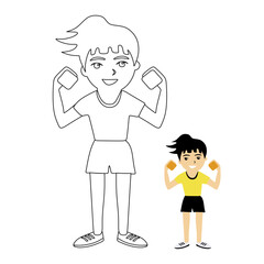 Cute girl with dumbbells, cheerful baby with a smile linear vector illustration. Coloring book for children.
