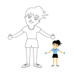 Cute girl with dumbbells, cheerful baby with a smile linear vector illustration. Coloring book for children.