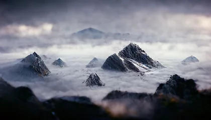 Fototapeten Mountain landscape. Mountain tops in fog. Fantasy landscape, mountain rocks. 3D illustration. © MiaStendal