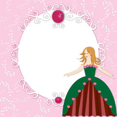 Princess frame with girl, pink background and gem. Illustration for background or card.