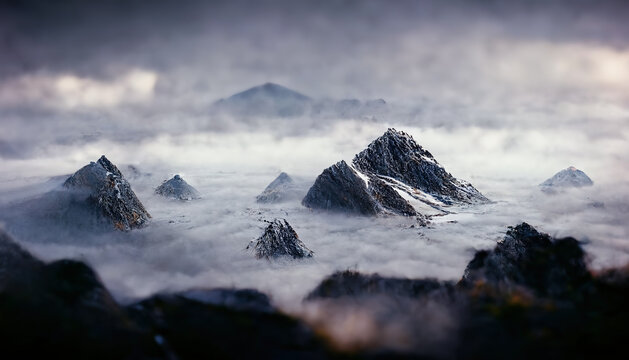 Mountain landscape. Mountain tops in fog. Fantasy landscape, mountain rocks. 3D illustration.