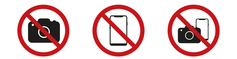 No Photographing prohibition sign symbol icon.  Warning sign with photo and phone is prohibited. Vector graphics eps10