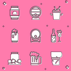 Set Beer can, Wooden barrel on rack, bottles in ice bucket, with foam, and glass, Cold beer and mug icon. Vector