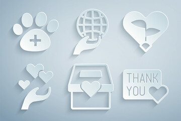 Set Donation and charity, Leaf in heart, Heart hand, Thank you with, Hand holding Earth globe and Veterinary clinic icon. Vector