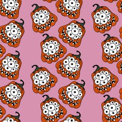 Halloween seamless monster pumpkins with eyes pattern for wrapping paper and fabrics and accessories and kids